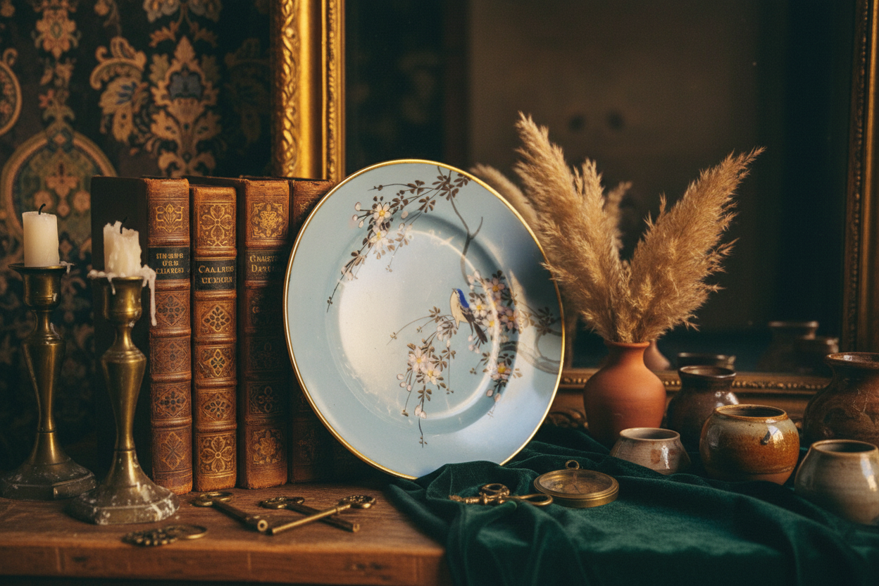 Decorative setting with a floral-patterned plate, books, candles, and pampas grass.
Vintage Hand-Painted Japanese Sky Blue Porcelain Bird Plate – 6”