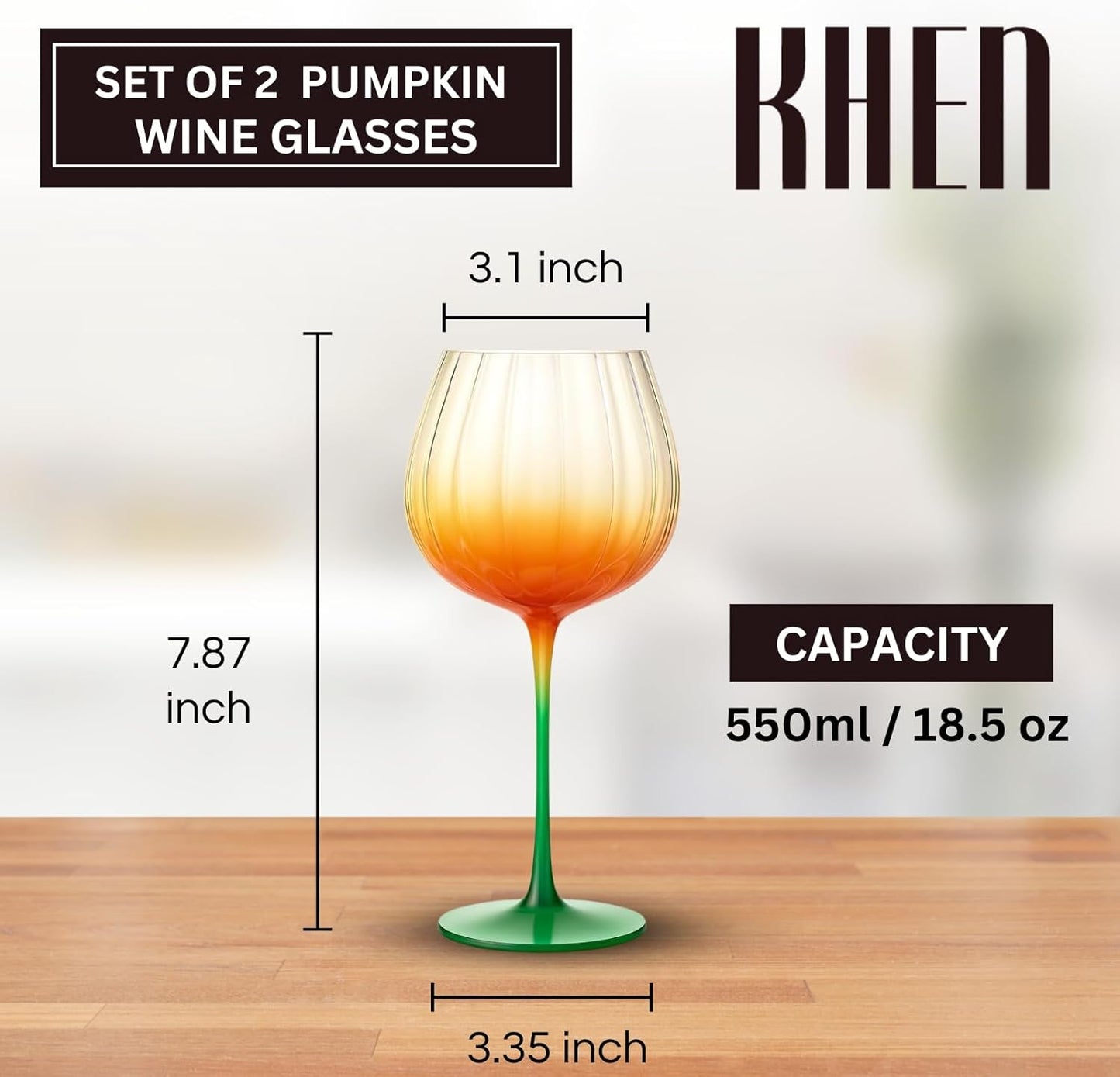 Pumpkin Wine Glasses Set of 2 | Fall Borosilicate Stemware Orange & Green | Khen
