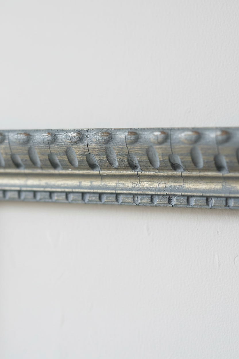 Corner detail of second vintage carved wood frame showing acanthus scroll relief molding in silver grey wash with warm gold undertones on a wood surface