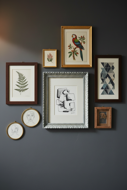 Vintage carved wood picture frame in slate blue and French grey wash with gilt undertones and craquelure patina, displayed on a white wall showing full 20 by 17 inch exterior