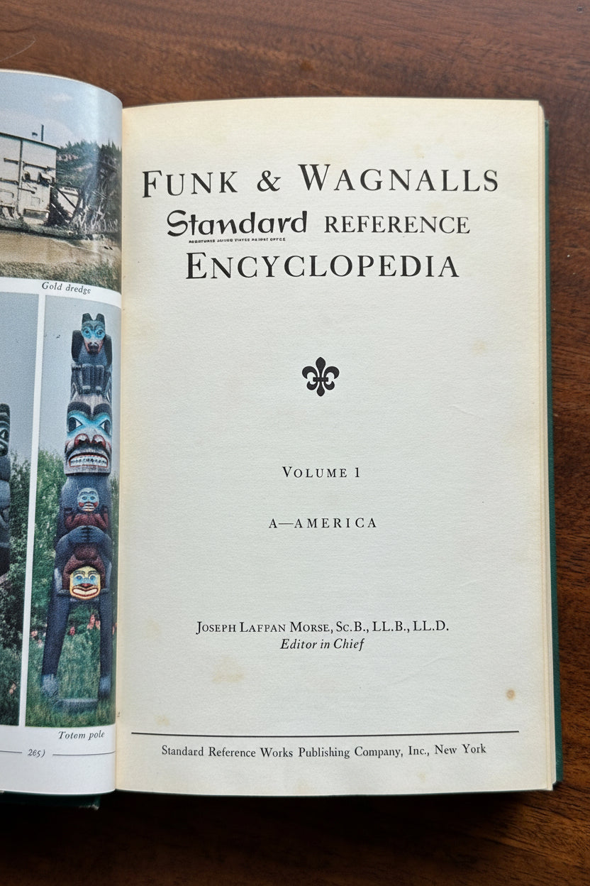  Interior frontispiece of Funk and Wagnalls Standard Reference Encyclopedia Volume 1 A-America showing publisher information Standard Reference Works Publishing Company New York and Editor-in-Chief Joseph Laffan Morse