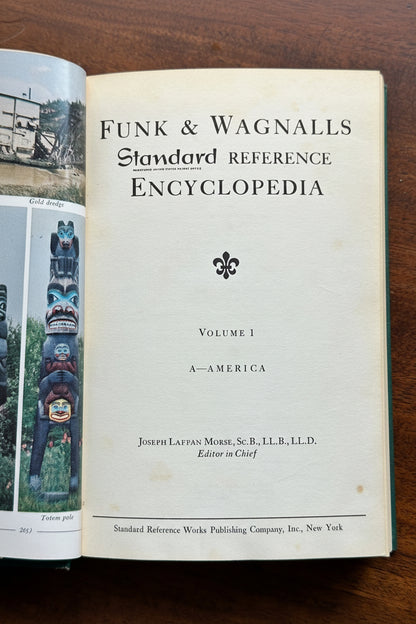  Interior frontispiece of Funk and Wagnalls Standard Reference Encyclopedia Volume 1 A-America showing publisher information Standard Reference Works Publishing Company New York and Editor-in-Chief Joseph Laffan Morse