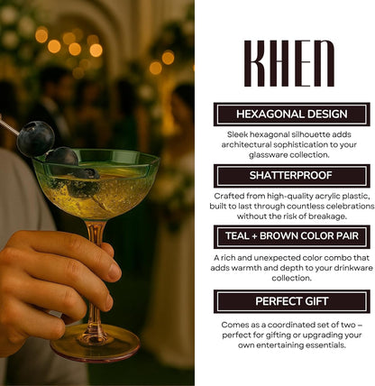 Khen Hexagonal Coupe Glasses Elegant Break Resistant Modern Barware Acrylic Drinkware Set - Set of 2 Teal + Brown