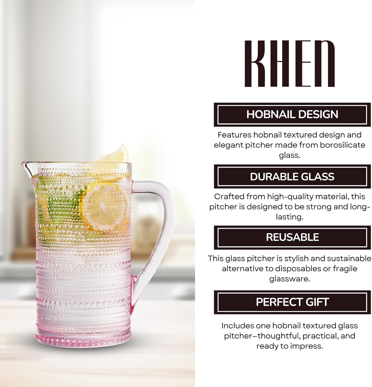 Pink Hobnail Pitcher | Vintage Textured Borosilicate Glass Beverage Server | Khen
