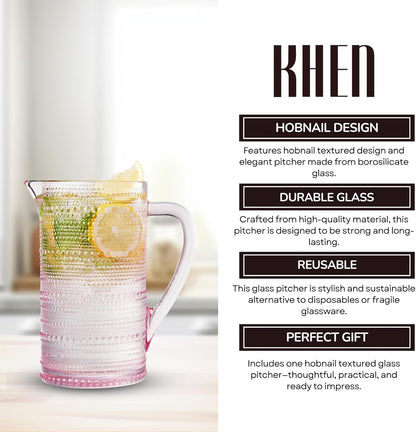 Pink Hobnail Pitcher | Vintage Textured Borosilicate Glass Beverage Server | Khen