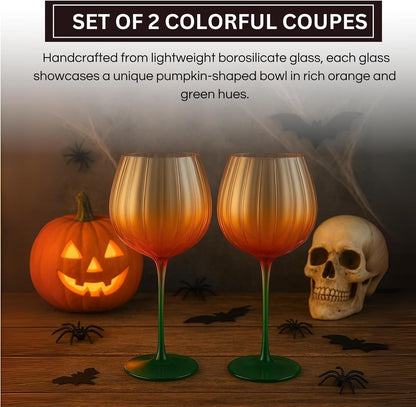 Pumpkin Wine Glasses Set of 2 | Fall Borosilicate Stemware Orange & Green | Khen