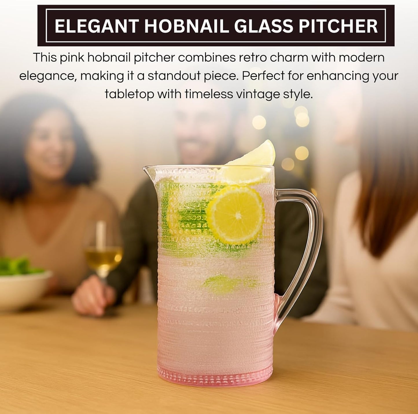 Pink Hobnail Pitcher | Vintage Textured Borosilicate Glass Beverage Server | Khen