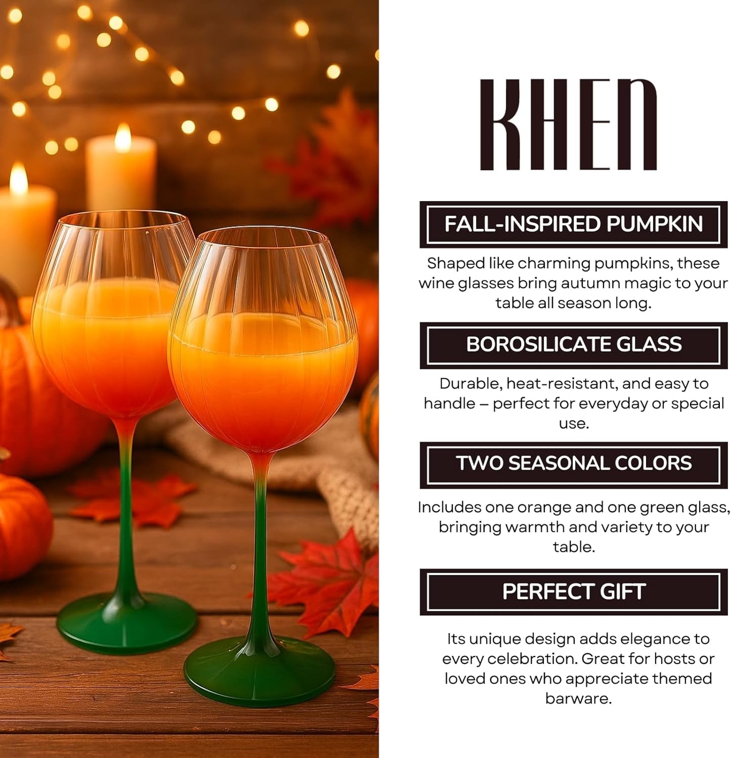 Pumpkin Wine Glasses Set of 2 | Fall Borosilicate Stemware Orange & Green | Khen