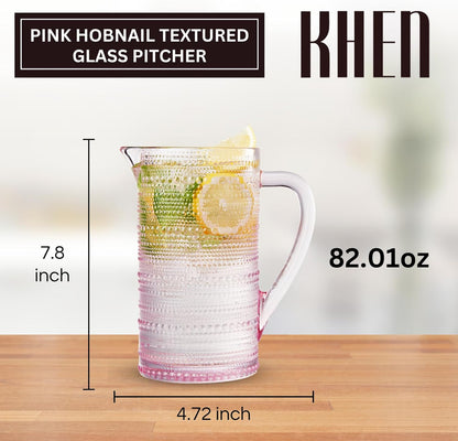 Pink Hobnail Pitcher | Vintage Textured Borosilicate Glass Beverage Server | Khen
