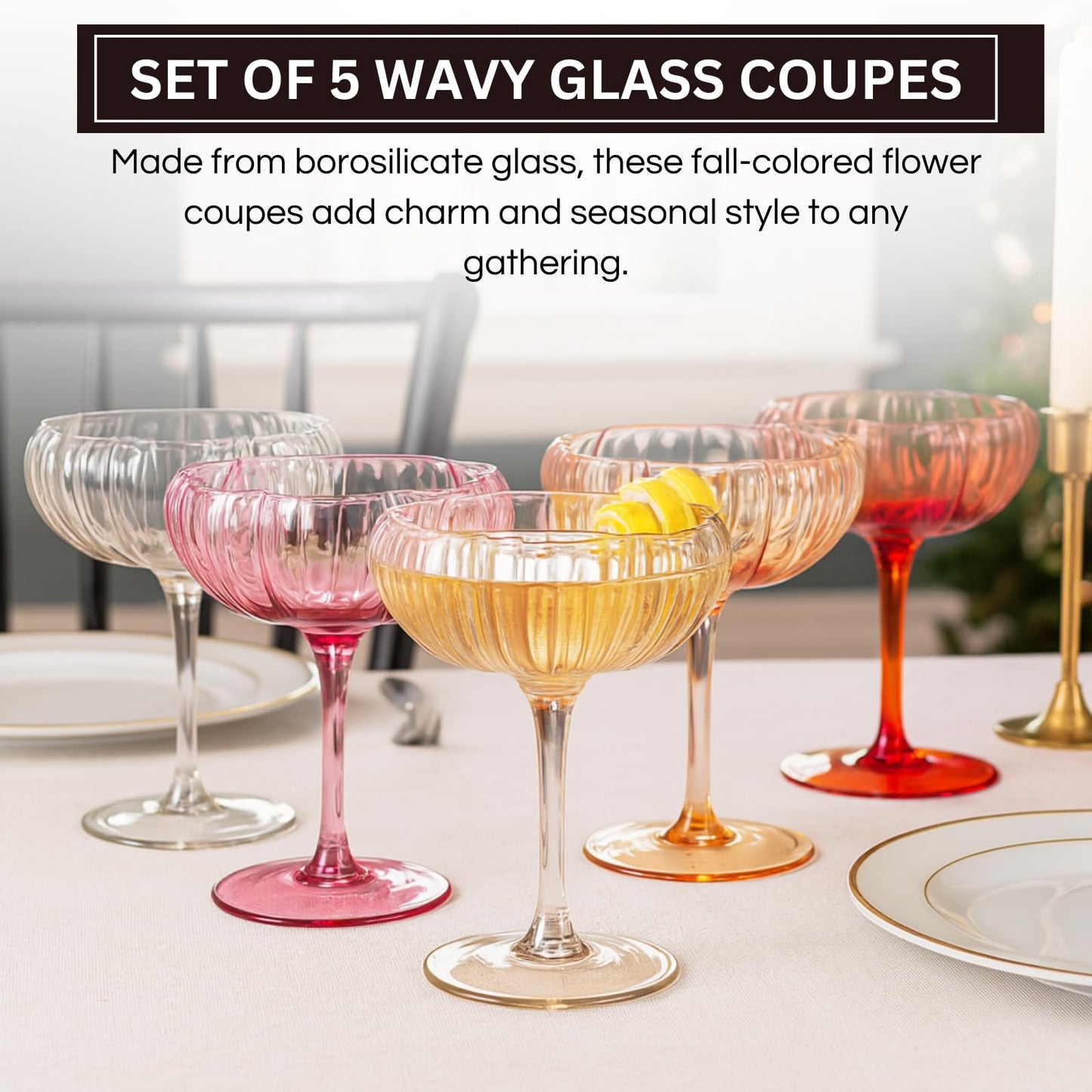 Flower Coupe Cocktail Glasses Set of 5 | Bright Spring Colors Stemware | Khen
