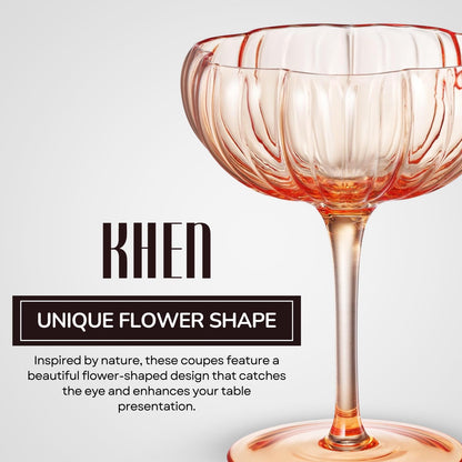 Flower Coupe Cocktail Glasses Set of 5 | Bright Spring Colors Stemware | Khen