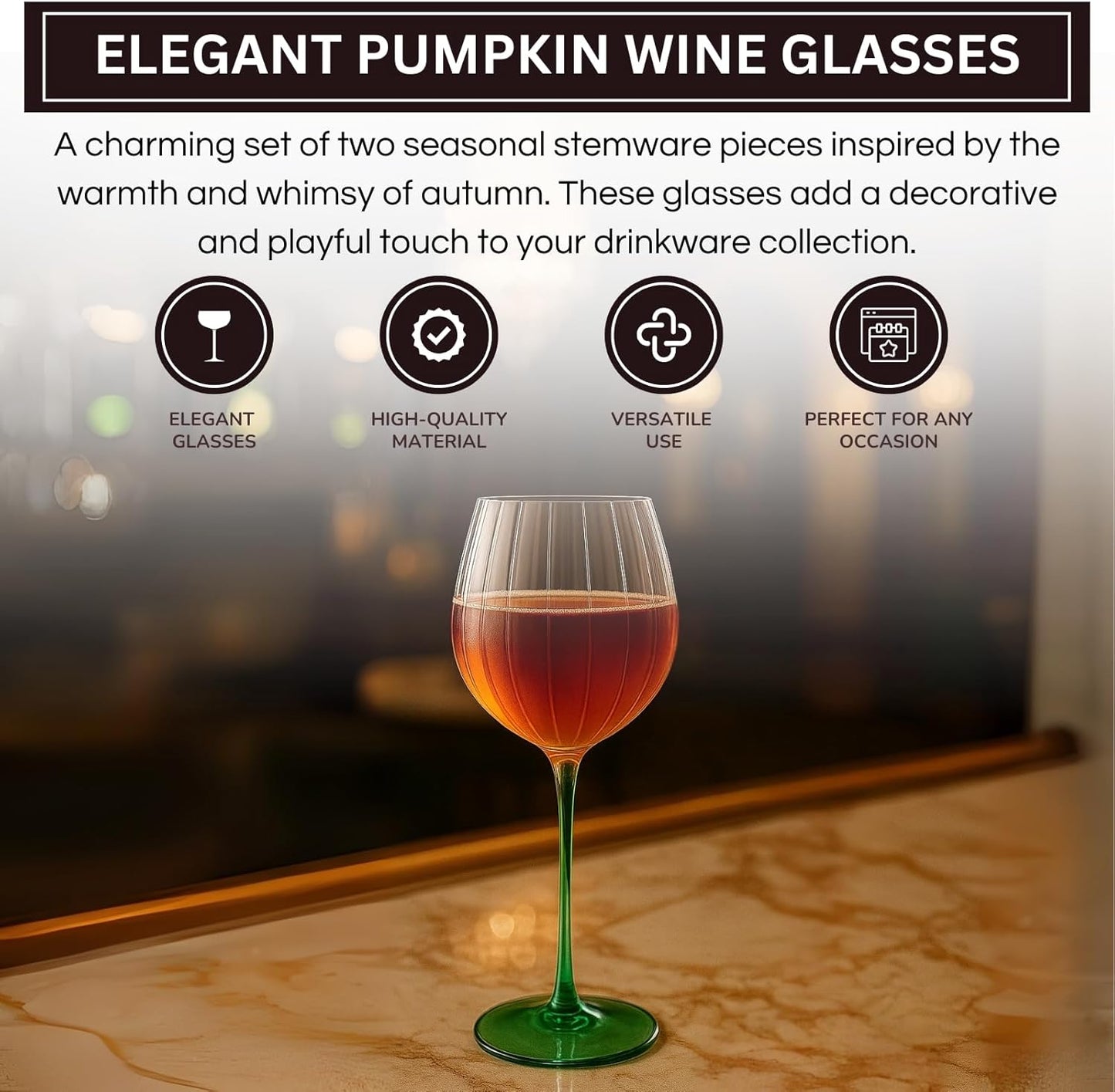 Pumpkin Wine Glasses Set of 2 | Fall Borosilicate Stemware Orange & Green | Khen
