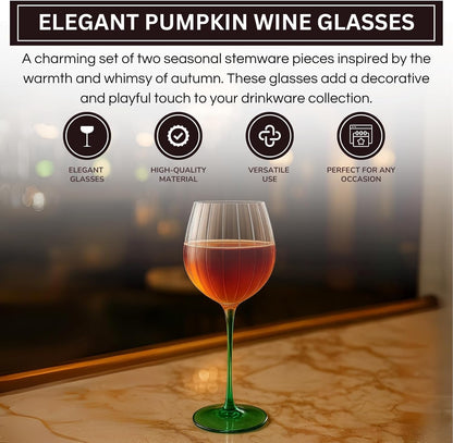 Pumpkin Wine Glasses Set of 2 | Fall Borosilicate Stemware Orange & Green | Khen