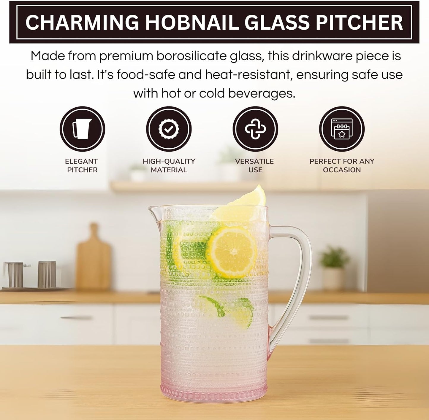 Pink Hobnail Pitcher | Vintage Textured Borosilicate Glass Beverage Server | Khen