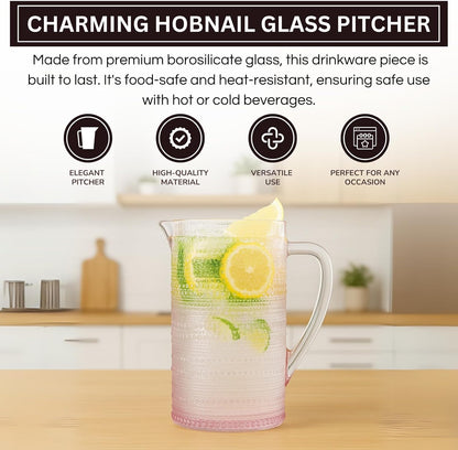 Pink Hobnail Pitcher | Vintage Textured Borosilicate Glass Beverage Server | Khen