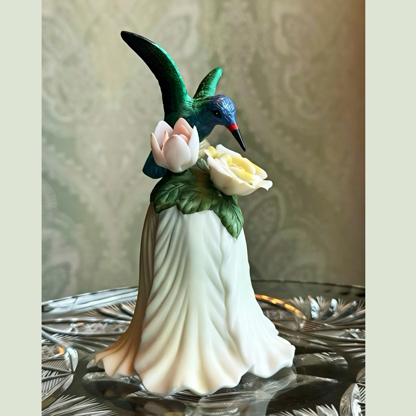 Vintage Porcelain Hummingbird Bell | Hand-Formed Flowers & Blue-Green Bird Figurine