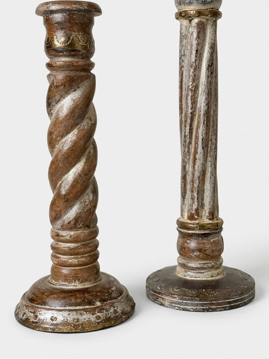 Vintage Barley Twist Wood Candlesticks with Brass Details, Set of Two