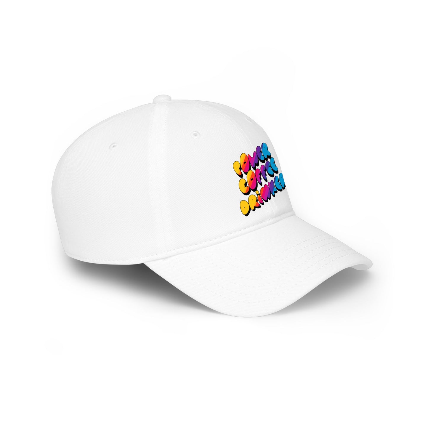 White cap with colorful text on a white background