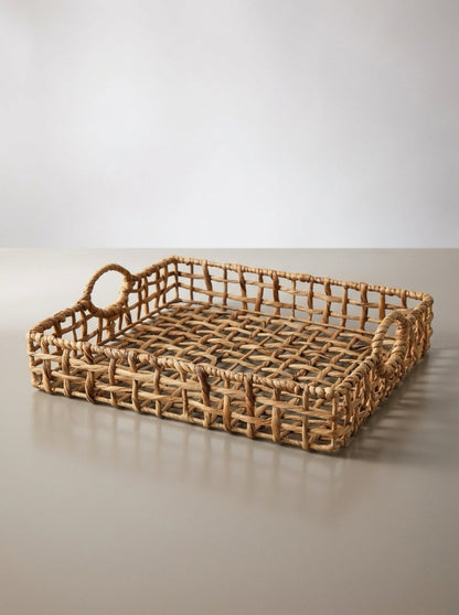 Handwoven Open-Grid Natural  Fiber Tray with Handles, 15″ × 13″