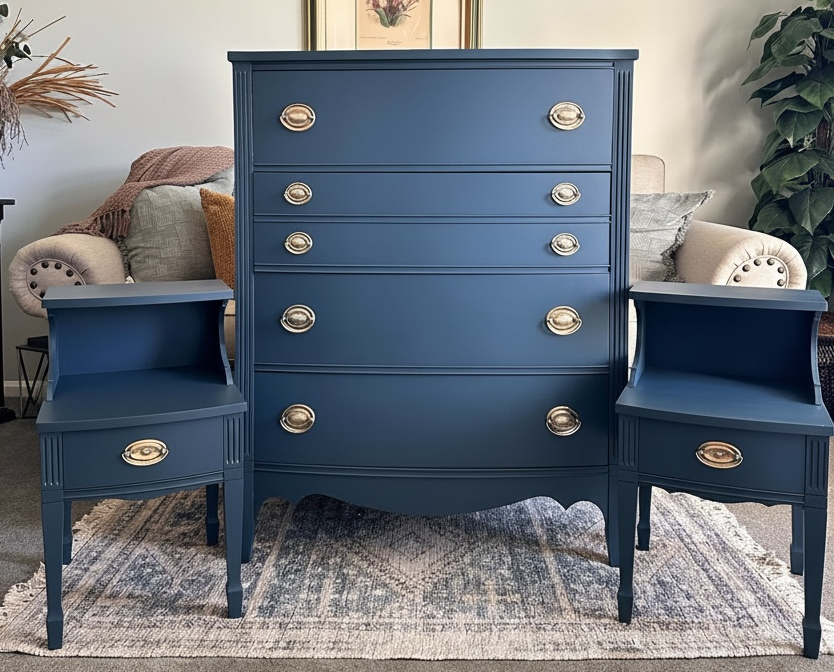 Blue dresser with matching side tables in a room with decor elements.