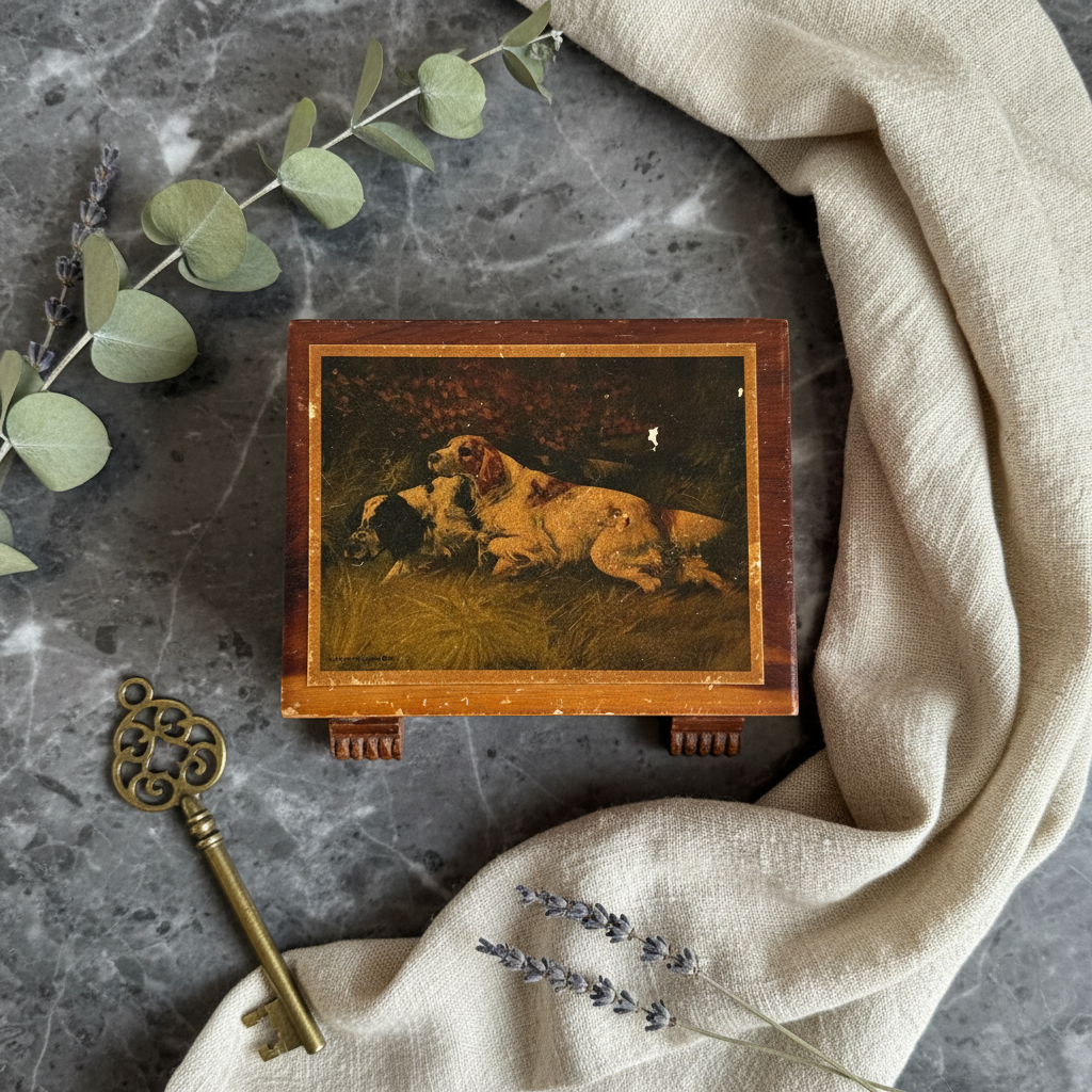 Vintage mid-century cedar keepsake box with inset hunting dog lithograph lid and gilt San Diego Cal script, three-quarter view showing exposed finger-joint corners and carved fluted block feet