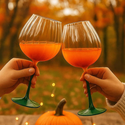Pumpkin Wine Glasses Set of 2 | Fall Borosilicate Stemware Orange & Green | Khen