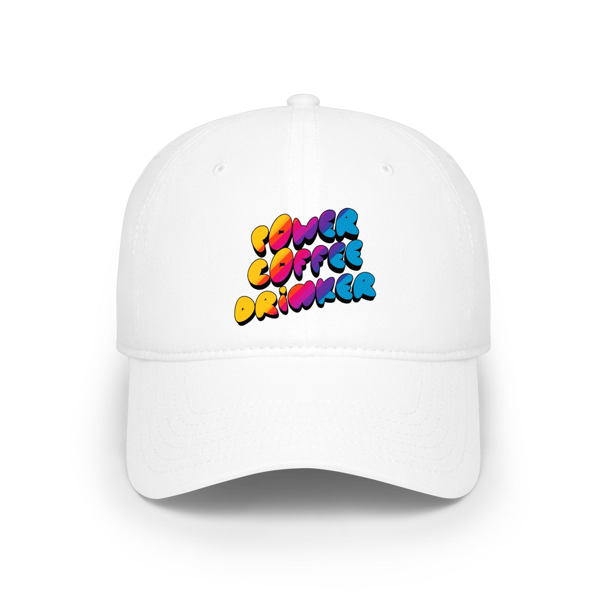 White cap with colorful 'Power Coffee Drinker' text on a white background