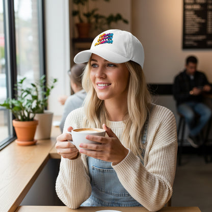 White cap with colorful 'Power Coffee Drinker' text on a white background on a young lady at a coffee shop