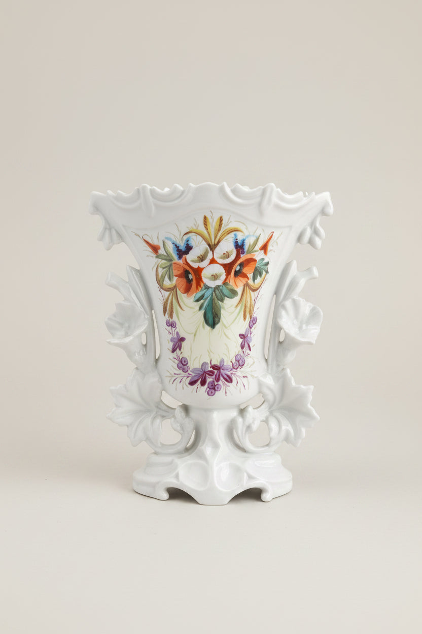 19th-century Rococo Revival porcelain vase, southern Germany c.1880 — front view showing high-relief acanthus leaf scrollwork and flared lip on white porcelain body