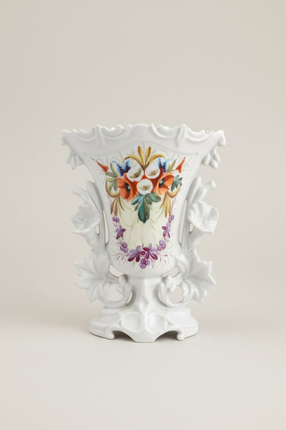 19th-century Rococo Revival porcelain vase, southern Germany c.1880 — front view showing high-relief acanthus leaf scrollwork and flared lip on white porcelain body