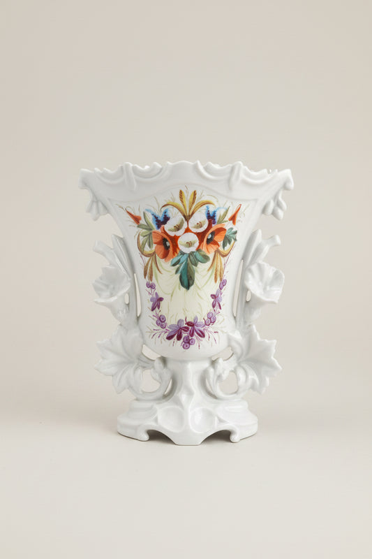 19th-century Rococo Revival porcelain vase, southern Germany c.1880 — front view showing high-relief acanthus leaf scrollwork and flared lip on white porcelain body