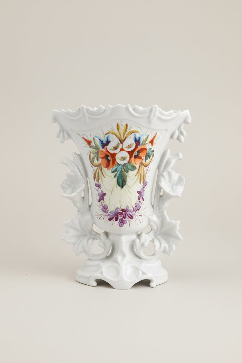 19th-century Rococo Revival porcelain vase, southern Germany c.1880 — front view showing high-relief acanthus leaf scrollwork and flared lip on white porcelain body