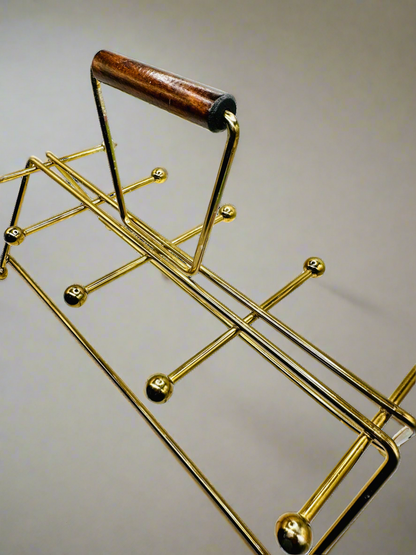 Vintage MCM Barware Carrier — Gold Metal Wire Caddy with Turned Wood Handle