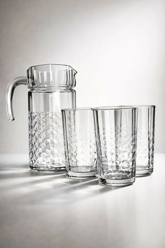 Clear glass pitcher and three glasses on a light gray background