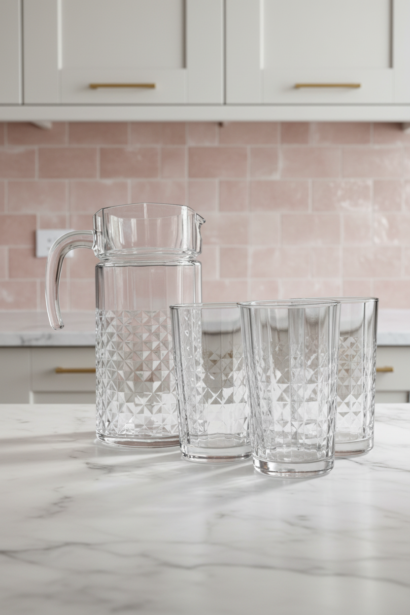 Clear glass pitcher and tumblers on a marble countertop with a pink tiled backsplash.