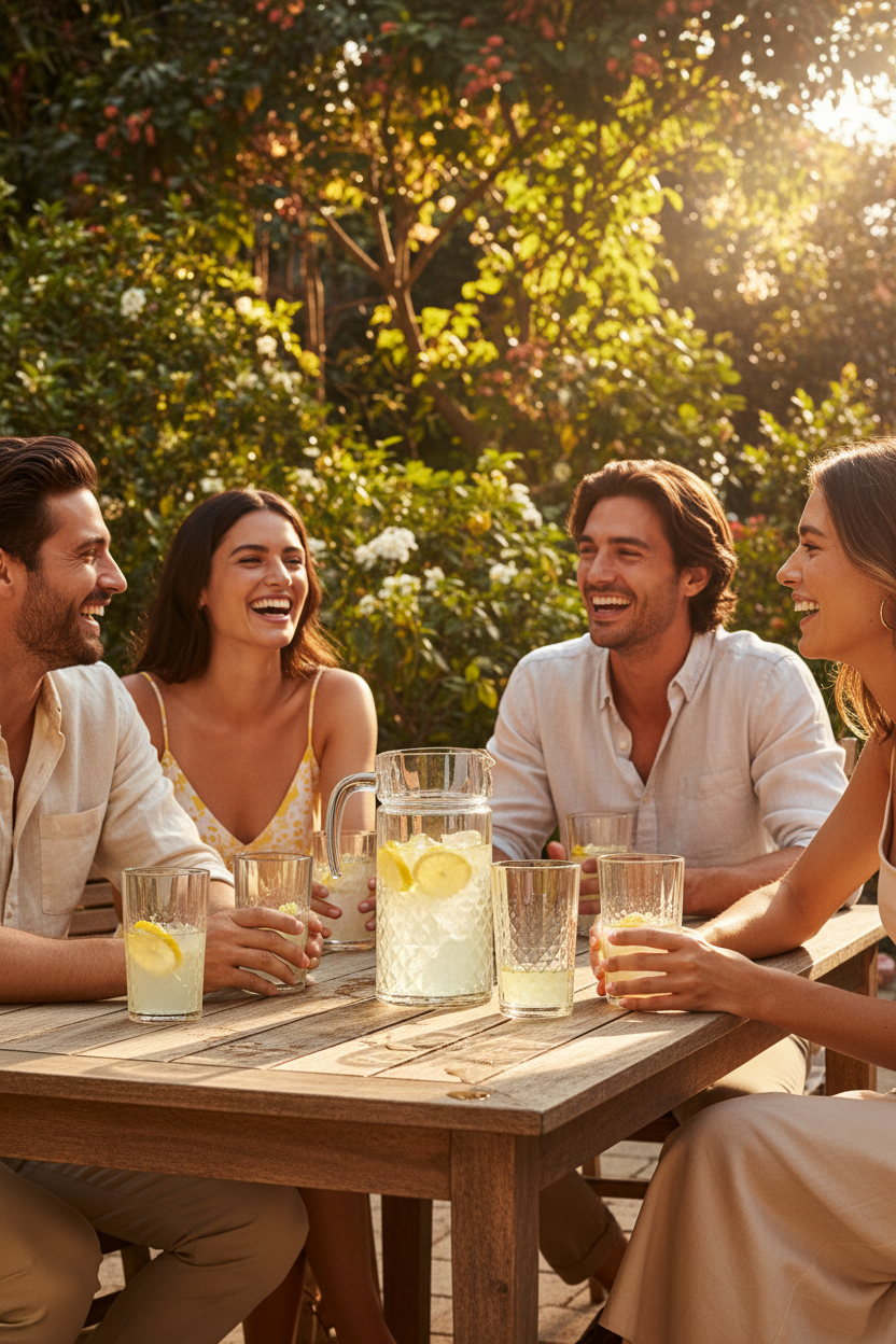 Four people sitting around a wooden table outdoors, enjoying drinks and conversation.
