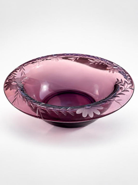 Vintage Amethyst Glass Console Bowl with Etched Floral Rim