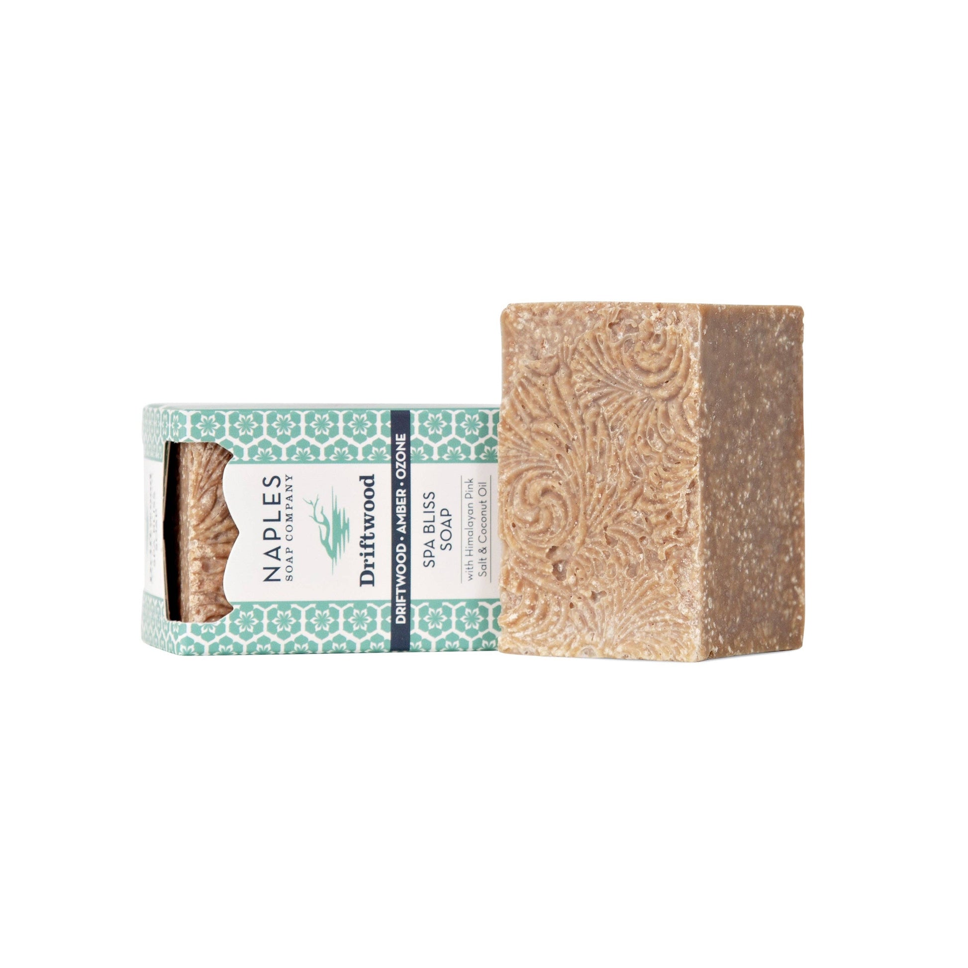 Driftwood Spa Bliss soap, natural brown bar with coconut oil, elegantly embossed design, eco-friendly packaging.