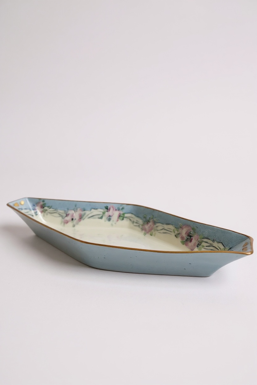 Decorative blue ceramic dish with floral design and gold trim, ideal for home decor or serving.