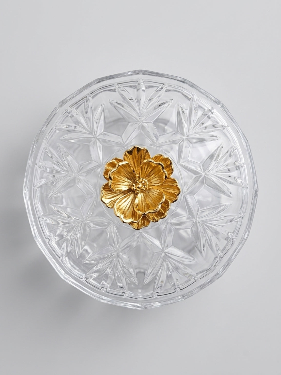 Vintage Cut Crystal Lidded Candy Dish with Gilded Brass Floral Finial (4″ × 3.5″)