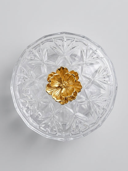 Vintage Cut Crystal Lidded Candy Dish with Gilded Brass Floral Finial (4″ × 3.5″)