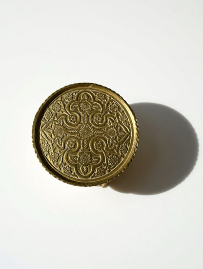Vintage Miniature Embossed Brass Footed Stand | Mid-Century Indian Display Riser & Trivet