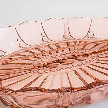 Vintage Pink Depression Glass Oval Serving Dish – Scalloped Edge with Handle, 1930s Floral Motif