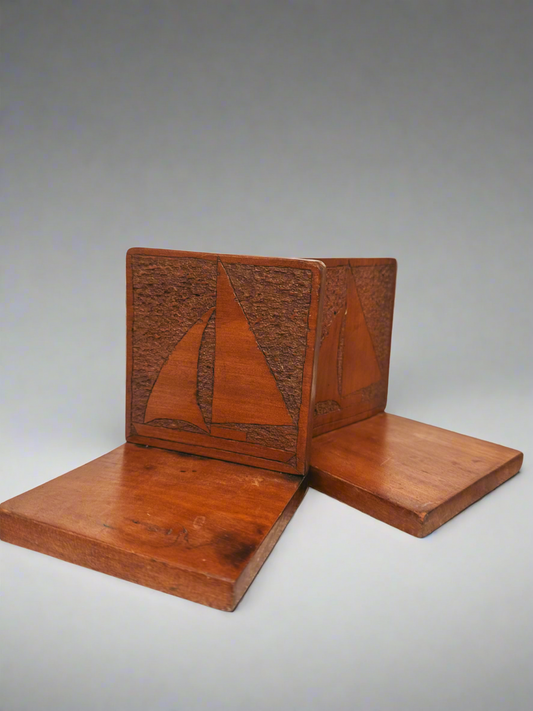 Hand-Carved Wooden Sailboat Bookends