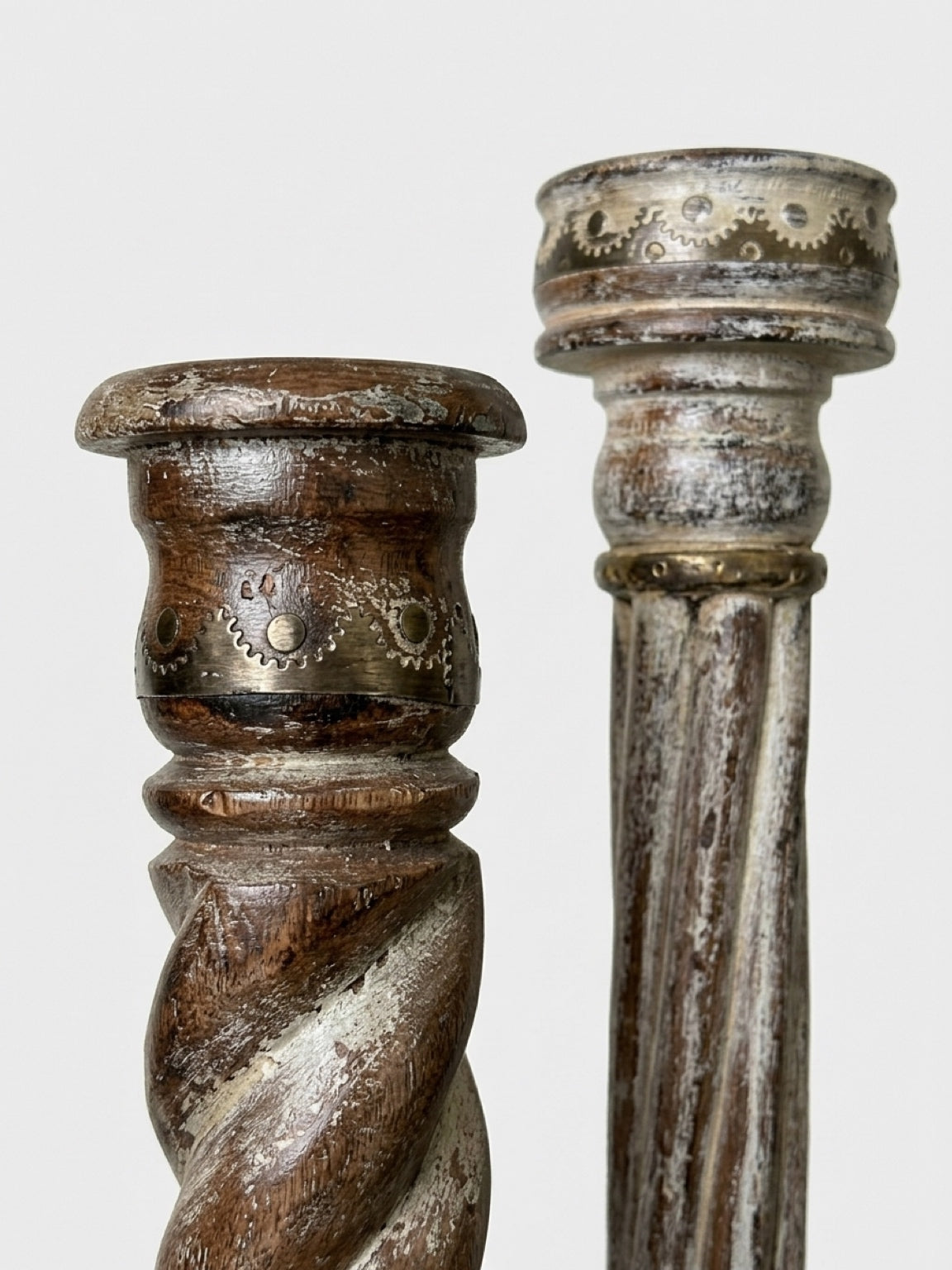 Vintage Barley Twist Wood Candlesticks with Brass Details, Set of Two