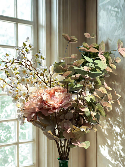 Green Metal Vase with Peony and Blossom Arrangement