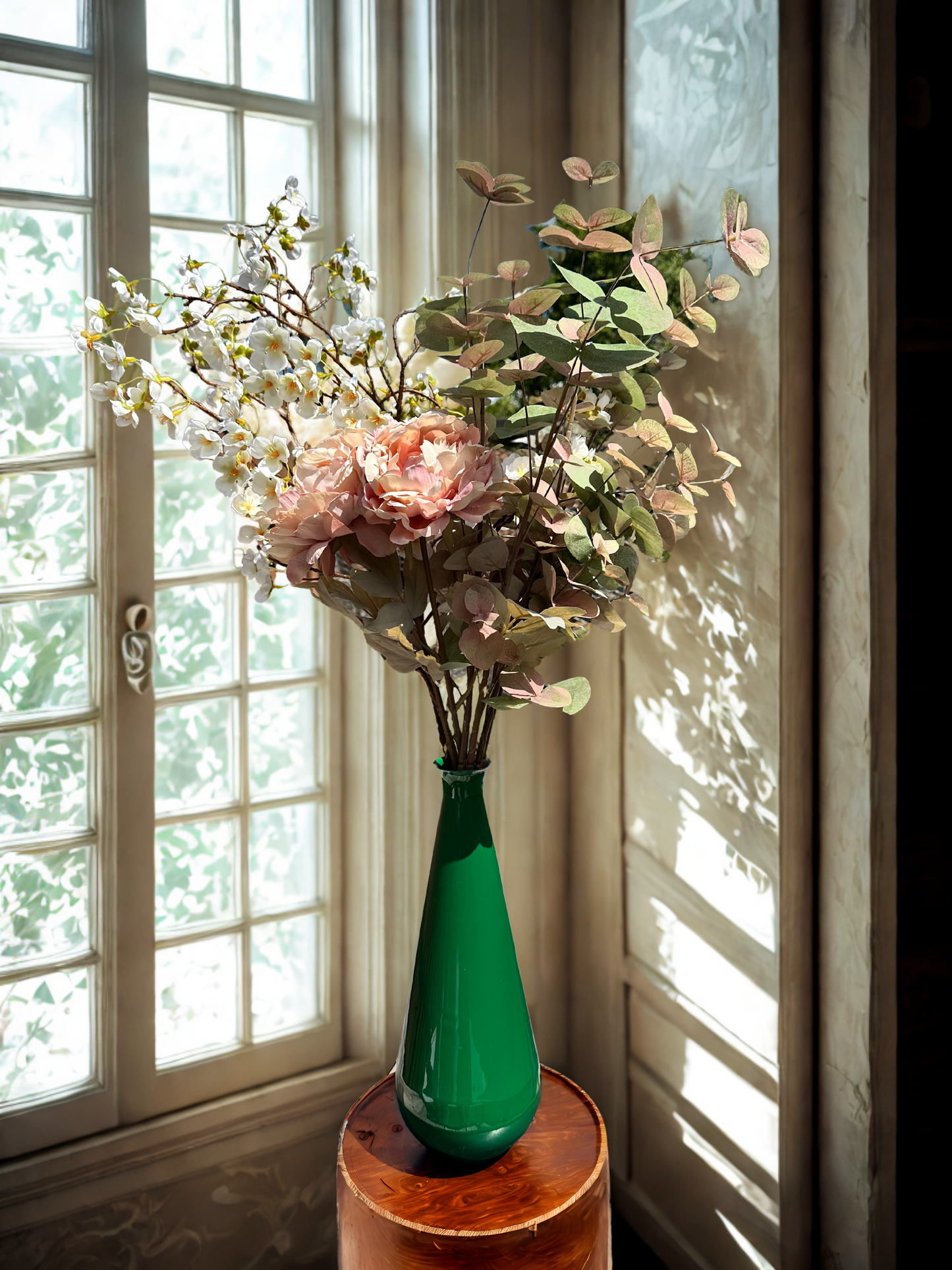 Green Metal Vase with Peony and Blossom Arrangement
