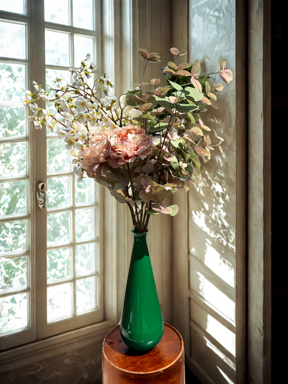 Green Metal Vase with Peony and Blossom Arrangement