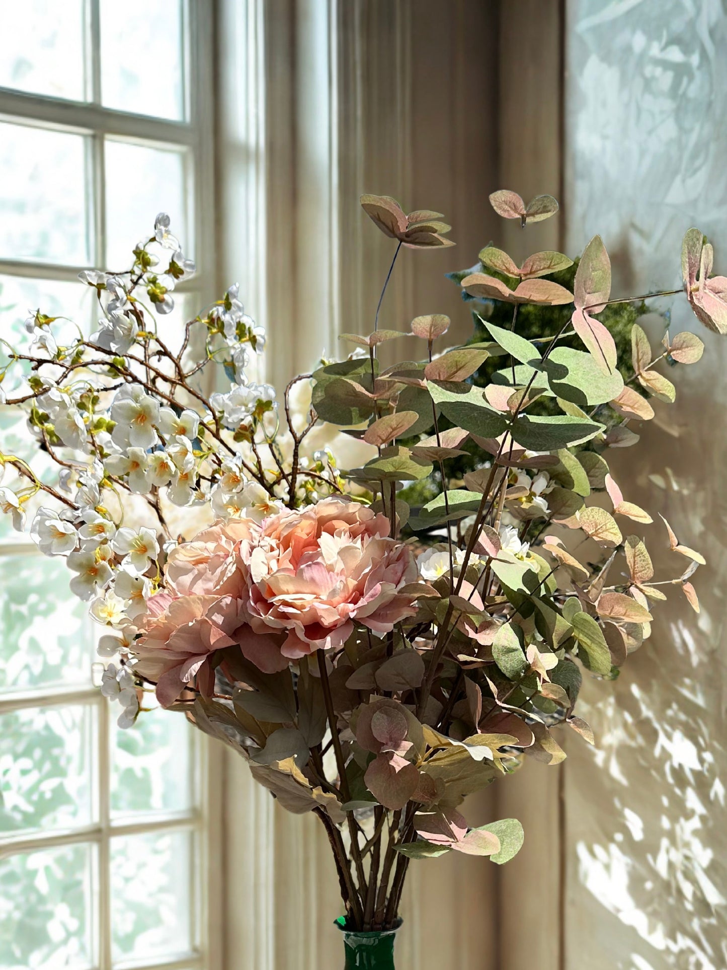Green Metal Vase with Peony and Blossom Arrangement