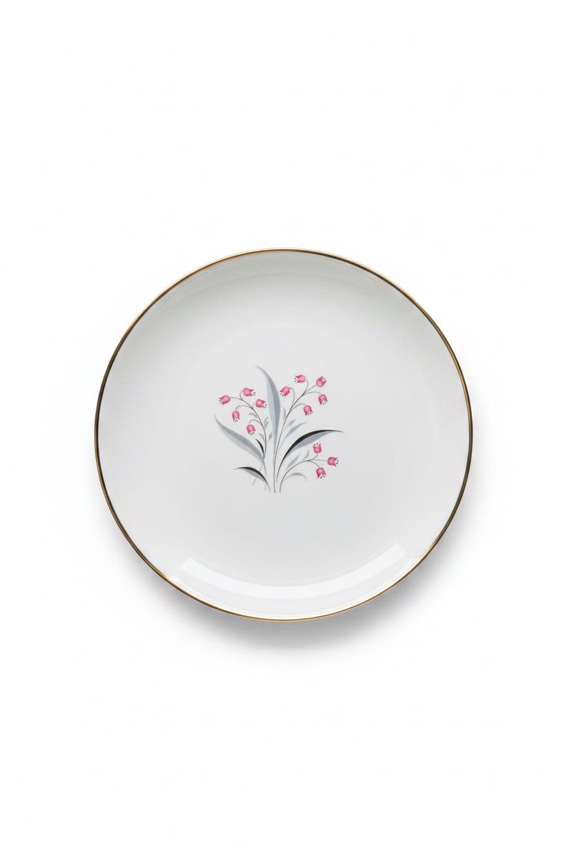 Vintage Princess China Flair dinner plate with atomic-era pink bell flower and grey foliage motif, silver metallic rim, circa 1955